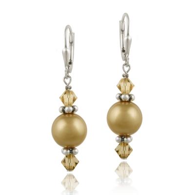 Sterling Silver Gold Swarovski Pearl & Crystal Dangle Leverback Earrings