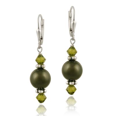 Sterling Silver Green Swarovski Pearl Elements & Crystal Dangle Leverback Earrings