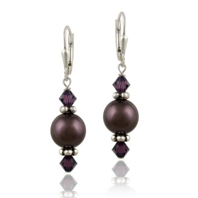Sterling Silver Burgundy Swarovski Pearl & Crystal Dangle Leverback Earrings