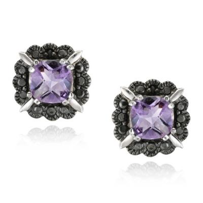 Sterling Silver Amethyst & Black Diamond Accent Stud Earrings