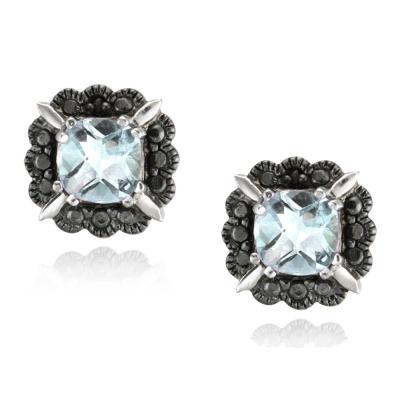 Sterling Silver Blue Topaz & Black Diamond Accent Stud Earrings