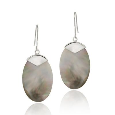Sterling Silver Gray Shell Oval Dangle Earrings