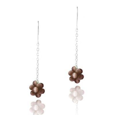 Sterling Silver Brown Cats Eye Cluster Dangle Earrings