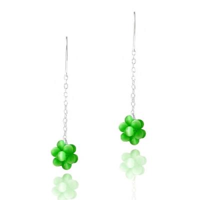 Sterling Silver Dark Green Cats Eye Cluster Dangle Earrings