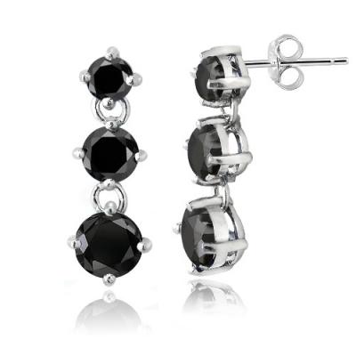 Sterling Silver Black CZ Three Stone Dangle Earrings