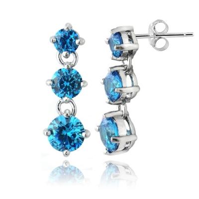 Sterling Silver Blue CZ Three Stone Dangle Earrings