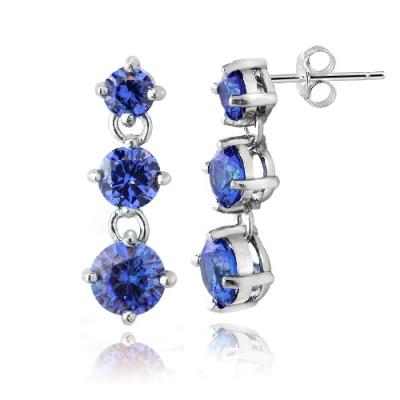 Sterling Silver Violet CZ Three Stone Dangle Earrings