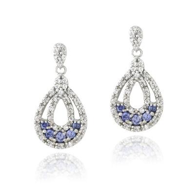 Sterling Silver Tanzanite & Clear CZ Double Teardrop Dangle Earrings