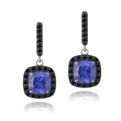 Sterling Silver 3.2ct Simulated Tanzanite & Black Spinel Square Dangle Earrings