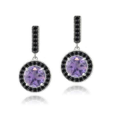 Sterling Silver 2.8ct Amethyst & Black Spinel Round Dangle Earrings
