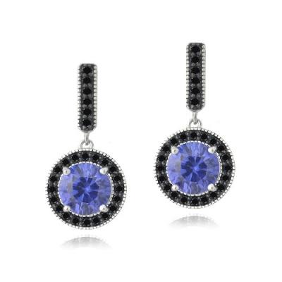 Sterling Silver 3ct Simulated Tanzanite & Black Spinel Round Dangle Earrings