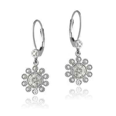 Sterling Silver 1/10ct Diamond Flower Dangle Leverback Earrings