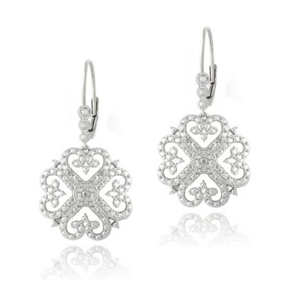 Sterling Silver 1/10ct Diamond Heart Clover Filigree Dangle Earrings