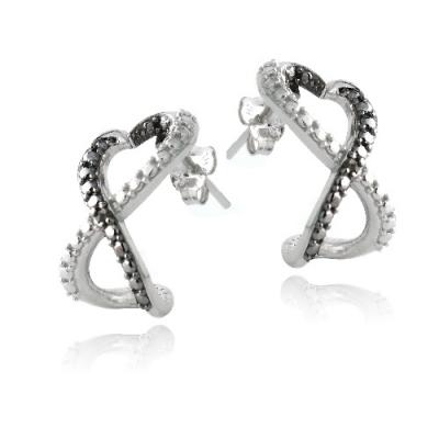 Sterling Silver Black Diamond Accent Infinity Heart Half Hoop Earrings