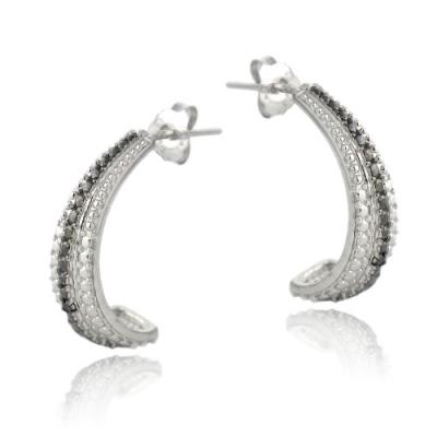 Sterling Silver Black Diamond Accent Striped Half-Hoop Earrings