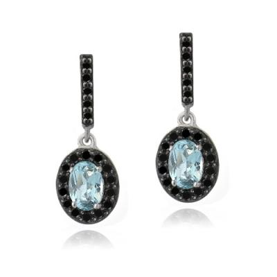 Sterling Silver 2.25ct Blue Topaz & Black Spinel Oval Dangle Earrings