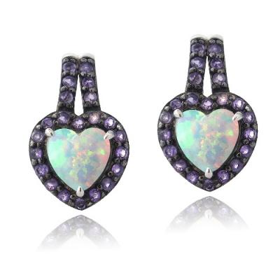 Sterling Silver Created White Opal & Amethyst Heart Drop Earrings