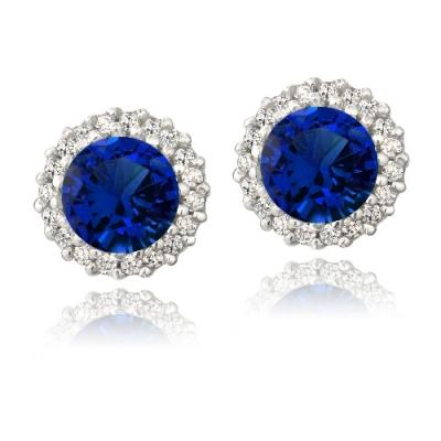 Sterling Silver 3.2ct Created Blue Sapphire & CZ Halo Stud Earrings