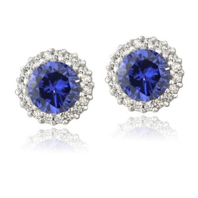 Sterling Silver Blue & Clear CZ Halo Stud Earrings