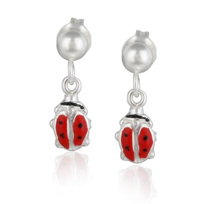 Sterling Silver Red Enamel Ladybug Girls Dangle Earrings