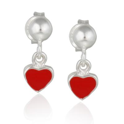 Sterling Silver Red Enamel Heart Dangle Earrings