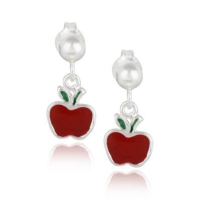 Sterling Silver Red Enamel Apple Dangle Earrings