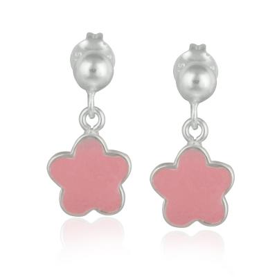 Sterling Silver Pink Enamel Flower Dangle Earrings