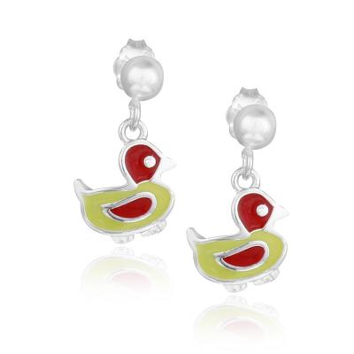 Sterling Silver Yellow & Red Enamel Duck Girls Dangle Earrings