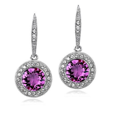 Silver Tone Purple & Clear Swarovski Elements Halo Dangle Leverback Earrings