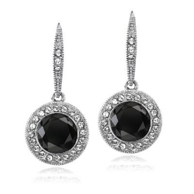 Silver Tone Black & Clear Swarovski Elements Halo Dangle Lever back Earrings