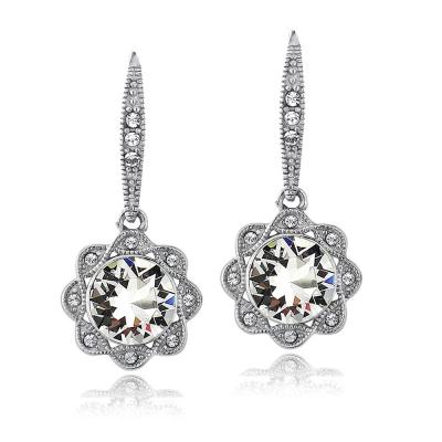 Silver Tone Clear Swarovski Elements Halo Dangle Flower Leverback Earrings