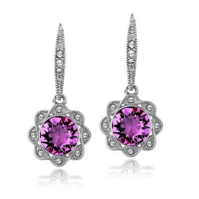 Silver Tone Purple & Clear Swarovski Elements Halo Dangle Flower Leverback Earrings