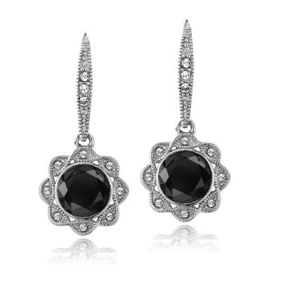 Silver Tone Black & Clear Swarovski Elements Halo Dangle Flower Leverback Earrings