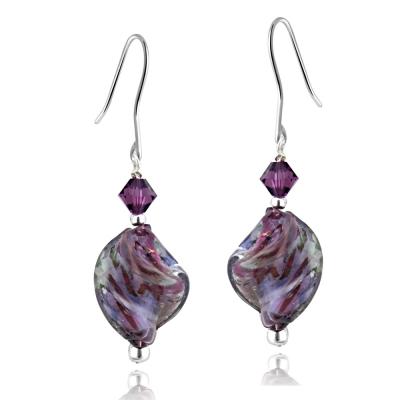 Sterling Silver Hand Blown Millefiori Purple Twist Artisan Glass & Crystal Dangle Earrings