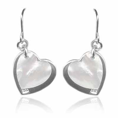 Sterling Silver Genuine Mother of Pearl & CZ Heart Shaped Earrings