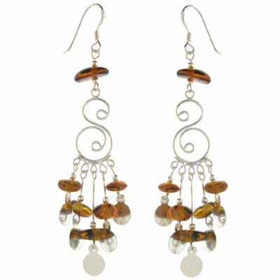 Long Silver Chandelier Disk Swirl Genuine Amber Stone Earrings