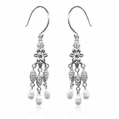 Sterling Silver Simulated Diamond CZ White Genuine Freshwater Cultured Pearl Earrings