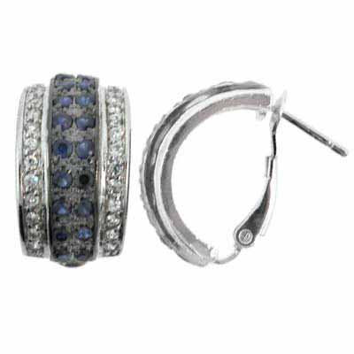 Simulated Simulated Diamond CZ and Simulated Tanzanite Blue CZ Row Omega Silver Earrings