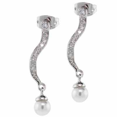 Silver Simulated Diamond CZ Squiggle Bar Dangling White Simulated Pearl Earrings