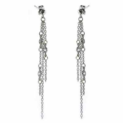 Trendy Punk Dangling Sterling Silver Three Chain Earrings w/ Simulated Diamond CZ