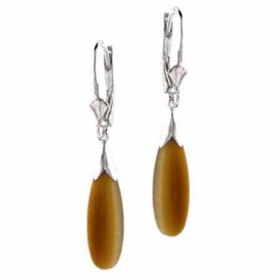 Sterling Silver Simulated Brown Cats Eye Tear Drop LeverBack Lever Back Earrings