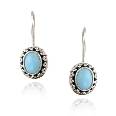 Sterling Silver Created Turquoise Bali Bead Oval Leverback Earrings