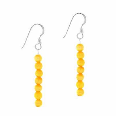 Sterling Silver 4mm Light Orange Simulated Cats Eye Stone 6 Bead Beaded Dangle Hook Earrings
