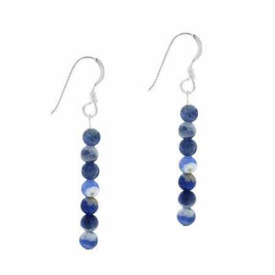 Sterling Silver  4mm Genuine Soda Lite Stone 6 Bead Beaded Dangle Hook Earrings