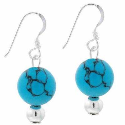 Sterling Silver 8mm Reconstituted Turquoise Stone Bead Beaded Dangle Hook Earrings