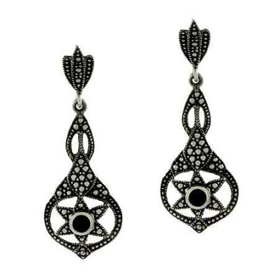 Antique Elegant Genuine Onyx Stone Vintage Style Dangle Earrings