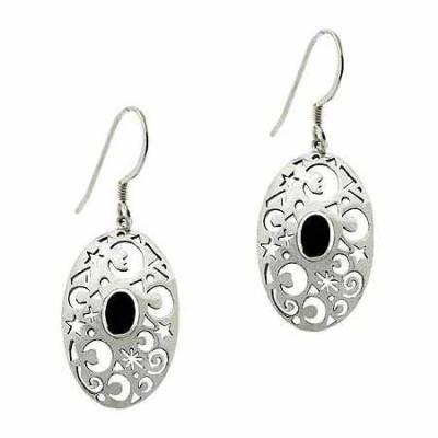 Sterling Silver .925 Genuine Onyx Stone Moon & Star Oval Dangle Earrings