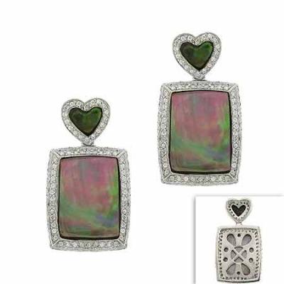 Sterling Silver .925 Genuine Gray Mother of Pearl MOP Stone Inlay Heart Flower Filigree Simulated Diamond cz Pave Dangle Rectangle Earrings