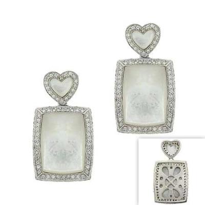 Sterling Silver .925 Genuine White Mother of Pearl MOP Stone Inlay Heart Flower Filigree Simulated Diamond cz Pave Dangle Rectangle Earrings