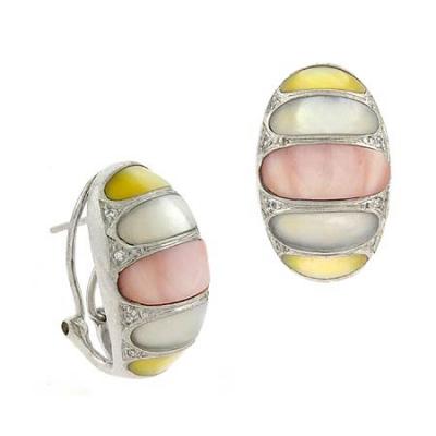 Art Deco Sterling Silver .925 Genuine White Mother of Pearl , Pink MOP & Yellow MOP Inlay, & Simulated Diamond cz Oval Omega Back Earrings
